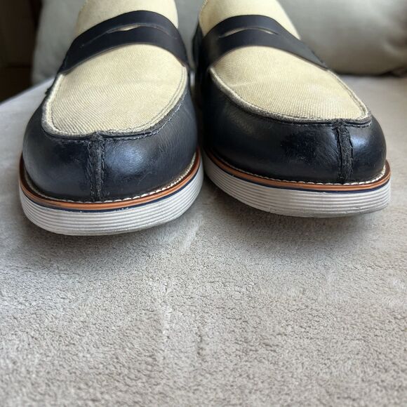 Marc Nolan Abe Navy Blue Leather & Tan Cream Canvas Loafers Men15 Slip On Boat - Picture 11 of 16